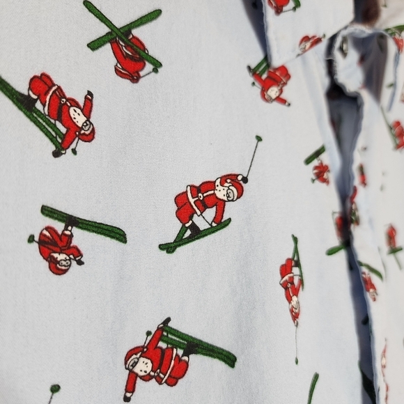 MBX skiing santa short sleeve button down shirt. Blue/Red. - Picture 6 of 16